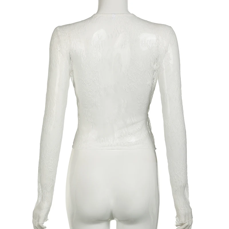 Abrigo fino de encaje transparente y sexy, de manga larga, a la moda, con cordones y cuello redondo, bonito cárdigan de calle para mujer