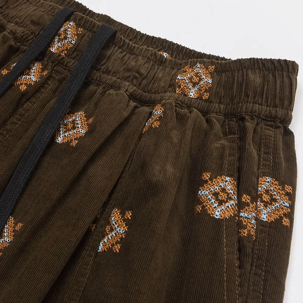 Men Japanese Korean Streetwear Harem Trousers Cargo Pants Full Embroidery Corduroy Loose Casual Vintage Wide Leg Pants
