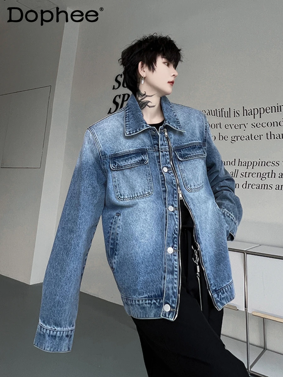 

Fashionable Spring Retro Washed Denim Jackets Men's Irregular Zipper High-End Trendy Male Long Sleeve Solid Color Coats