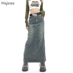 Maxi Denim Skirts Women Autumn American Retro Streetwear Y2k College Young Girls Chic Long Faldas Sexy Mujer Straight Hipster