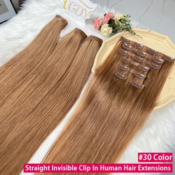 #30 Invisible Clip in Hair Extensions 100% Human Hair Straight Raw Virgin Hair 7Pcs/Set 100g PU Seamless Double Weft Clip Ins