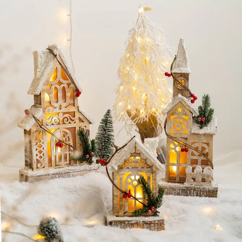 

Christmas LED Light House Luminous Wooden Cabin Ornament Snow Scene Village Christmas Decoration For Home 2024 Navidad Kids Gift