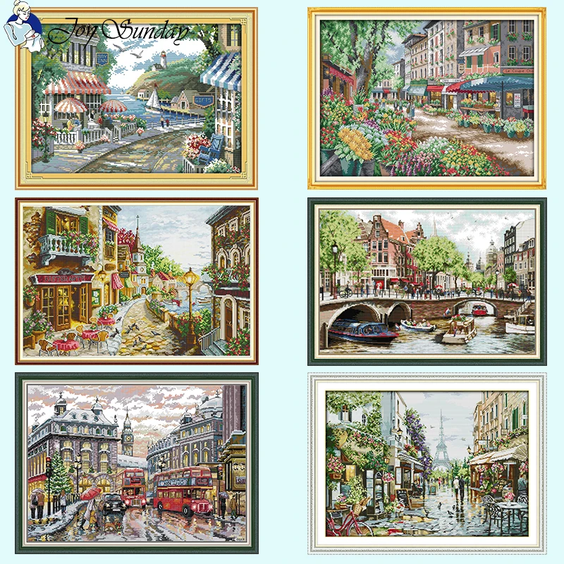 Joy Sunday City Street Series Cross Stitch Kit Aida 16ct 14ct 11ct White Fabric Printed Set DIY Embroidery Set Home Decor Crafts