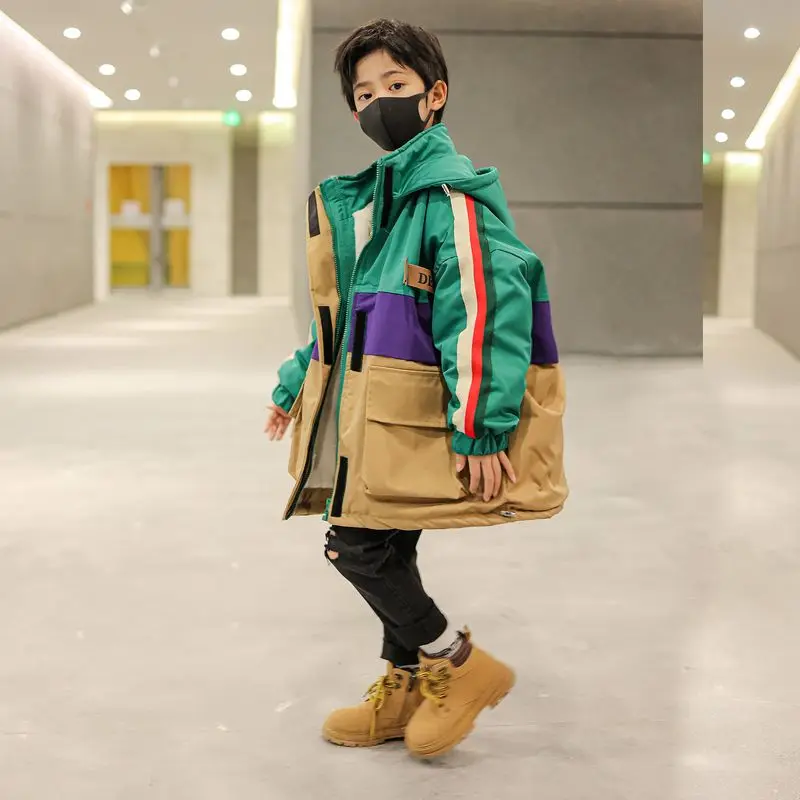 New Winter Children's Boy Thick Velvet Lining Jackets Outerwear Long style Clothes Hooded Teen Boys Windproof Parka Coats 5-12Y