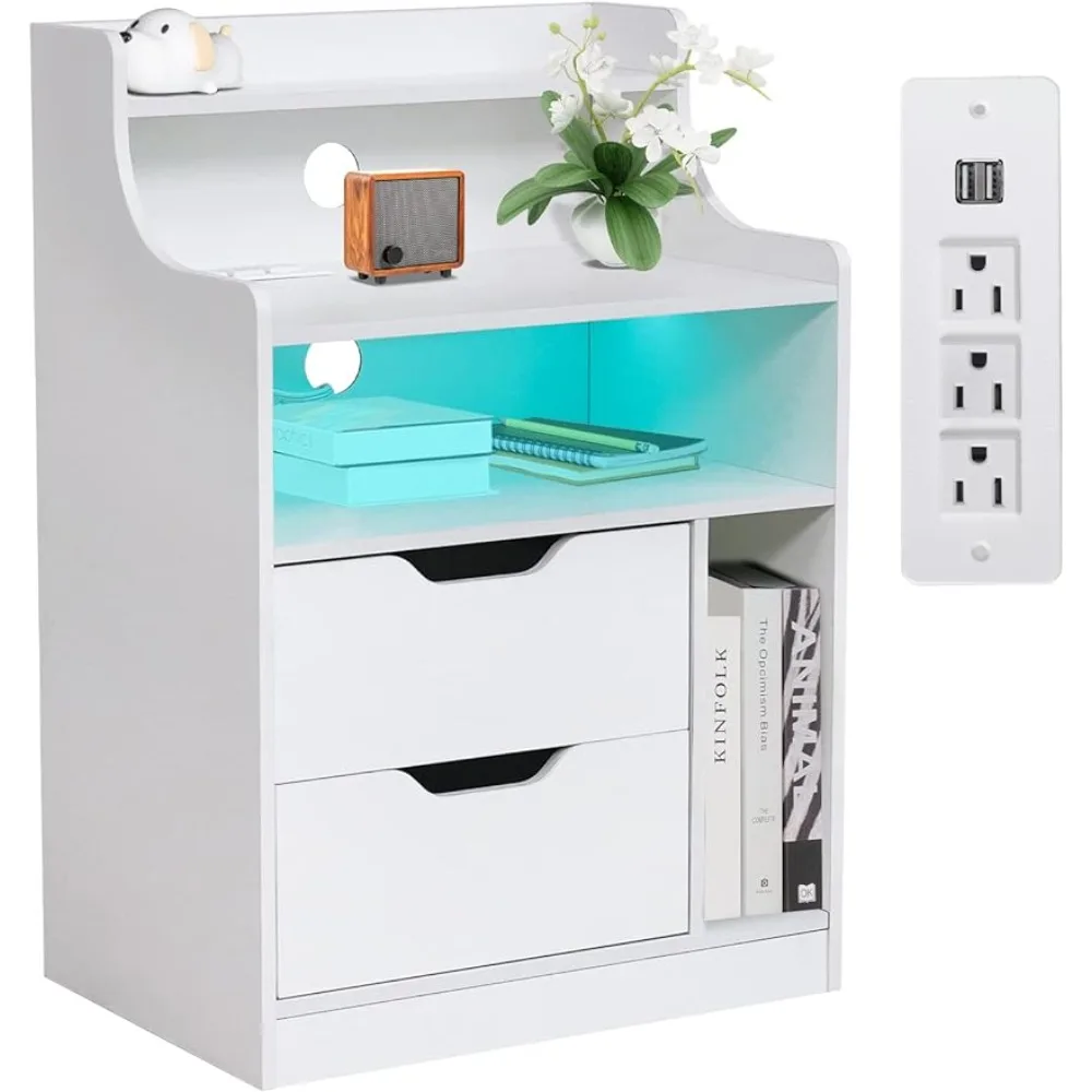 

Charging Station , 2 Drawers White Nightstand with Light USB Ports and Outlets, Tall End Table Nightstand with Shelf for Bedroom