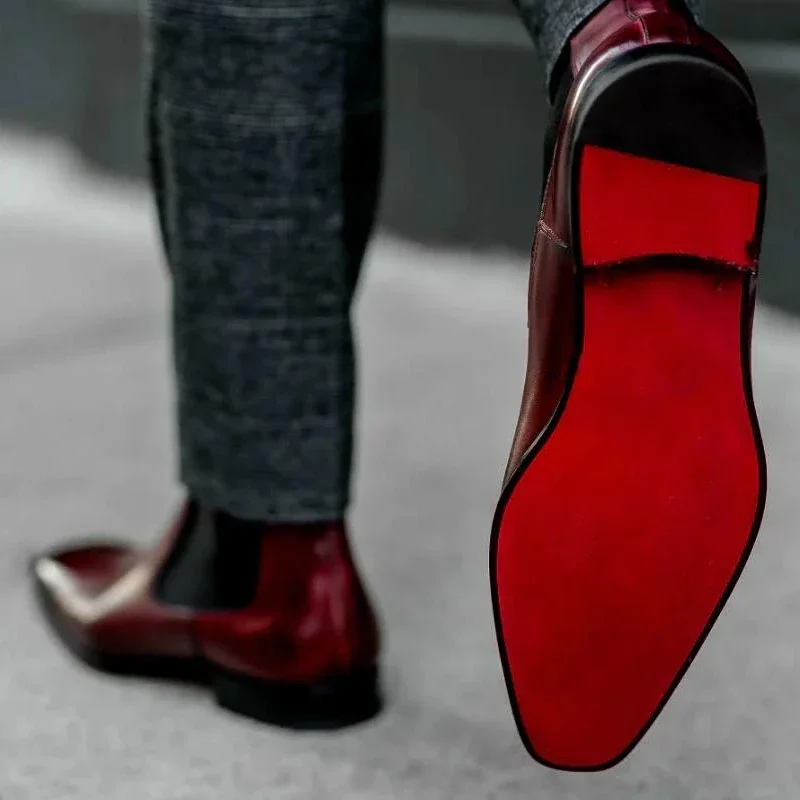 New Red Men Chelsea Boots Red Sole Square Toe Slip-On Business Men Short Boots Bottes Pour Hommes Ankle