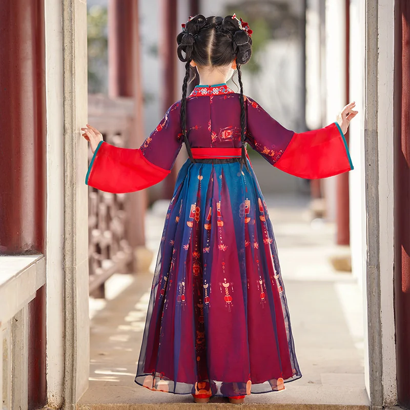 

Платье для девочки Hanfu весна-осень Tang Suit2023 Новый V-образный вырез с длинным рукавом Пэчворк С Вышивкой Модные Детские платья принцессы