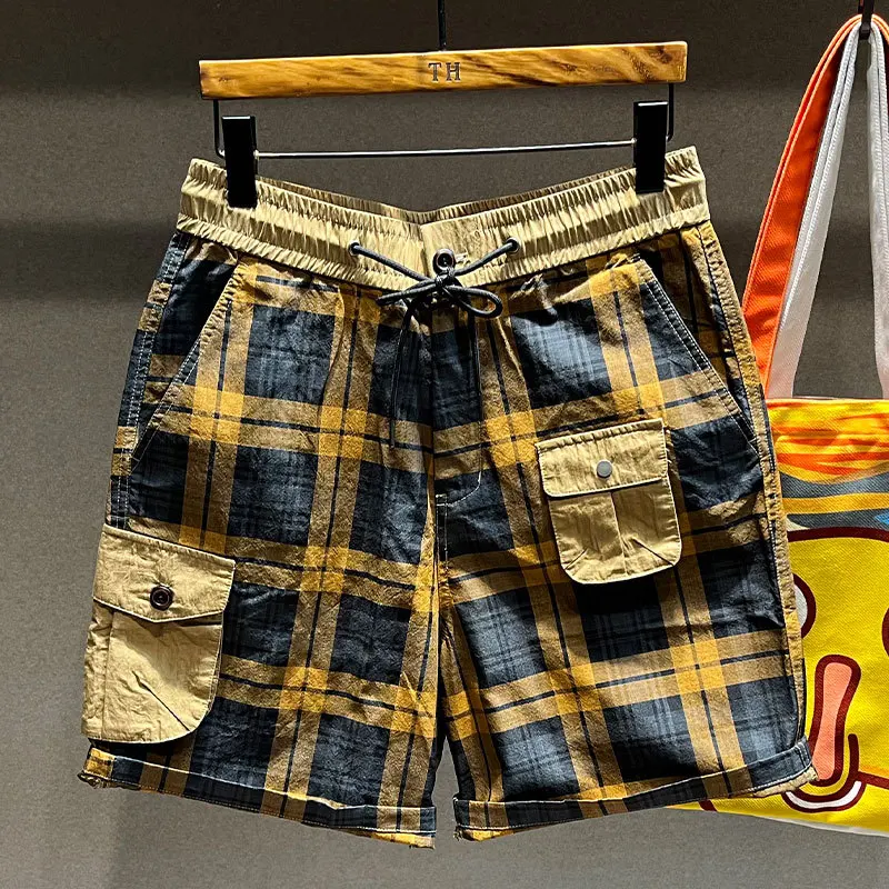 2024 New Summer Plaid Artistic Retro Japanese High Street Sports Casual Shorts Men's Loose Fashion Brand Shorts