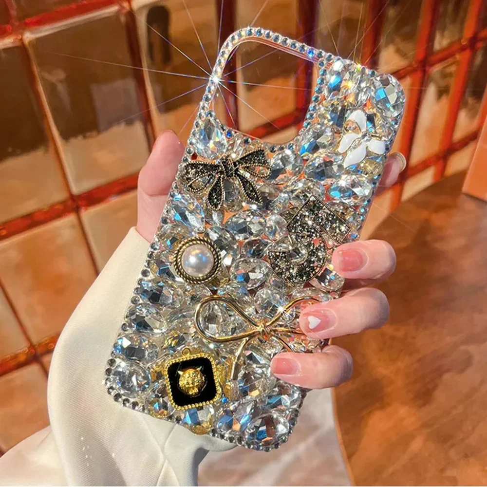 

Luxury Shockproof Bling Diamond Case for IPhone 15 14 13 12 11 Pro Max Plus Glitter Stone Bowknot Pearl Rhinestone Bumper Cover