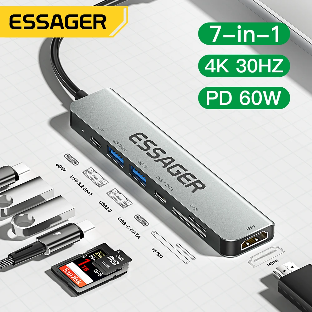 Essager 7 In 1 Hub Usb Tipo C Pd60W Splitter Di Ricarica Rapida Laptop Hdmi Splitter Ad Alta Velocità 5Gbps Per Pc Usb 3.2 Gen1 2.0 Porte