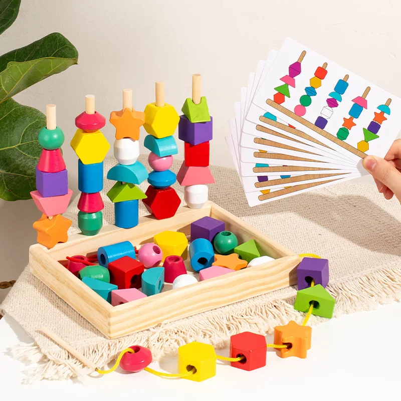 Montessori Toys Wooden Lacing Beads Toys Sequencing & Stacking Block Toy Fine Motor Skills Toys for Toddlers 2 3 4 5 Years Old