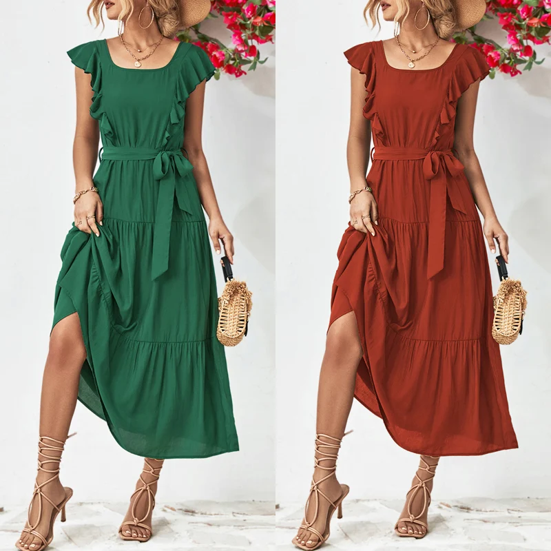 

2023 New Product Popular Cross border European and American Sleeveless Square Neck Ruffled Solid Color Long Dress