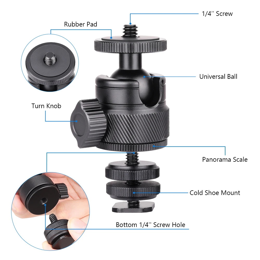 ARTCISE Low Profile Double-U CNC Aluminum Small Ballhead TH01 with 1/4" Hotshoe for Digital Cameras, Mini SLRs, Max Load 3kg