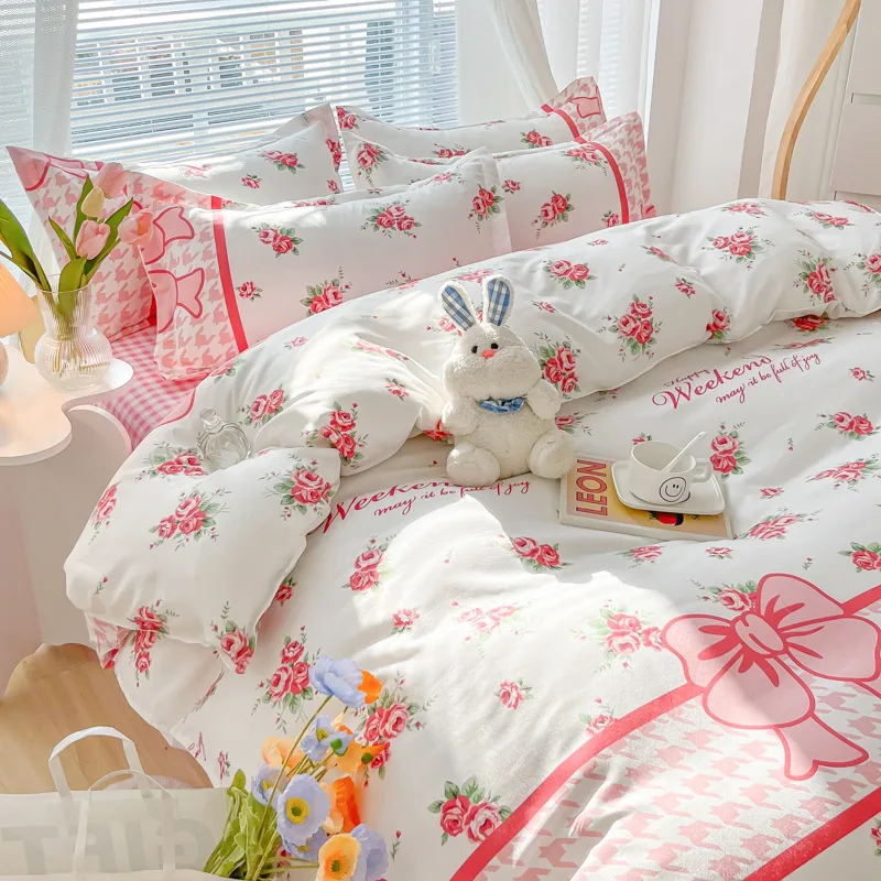

Cartoon Rabbit Flowers Bedding Set Pink Girl Duvet Cover Flat Sheet Pillowcase Twin Full Queen Kids Adult Simple Home Bedclothes