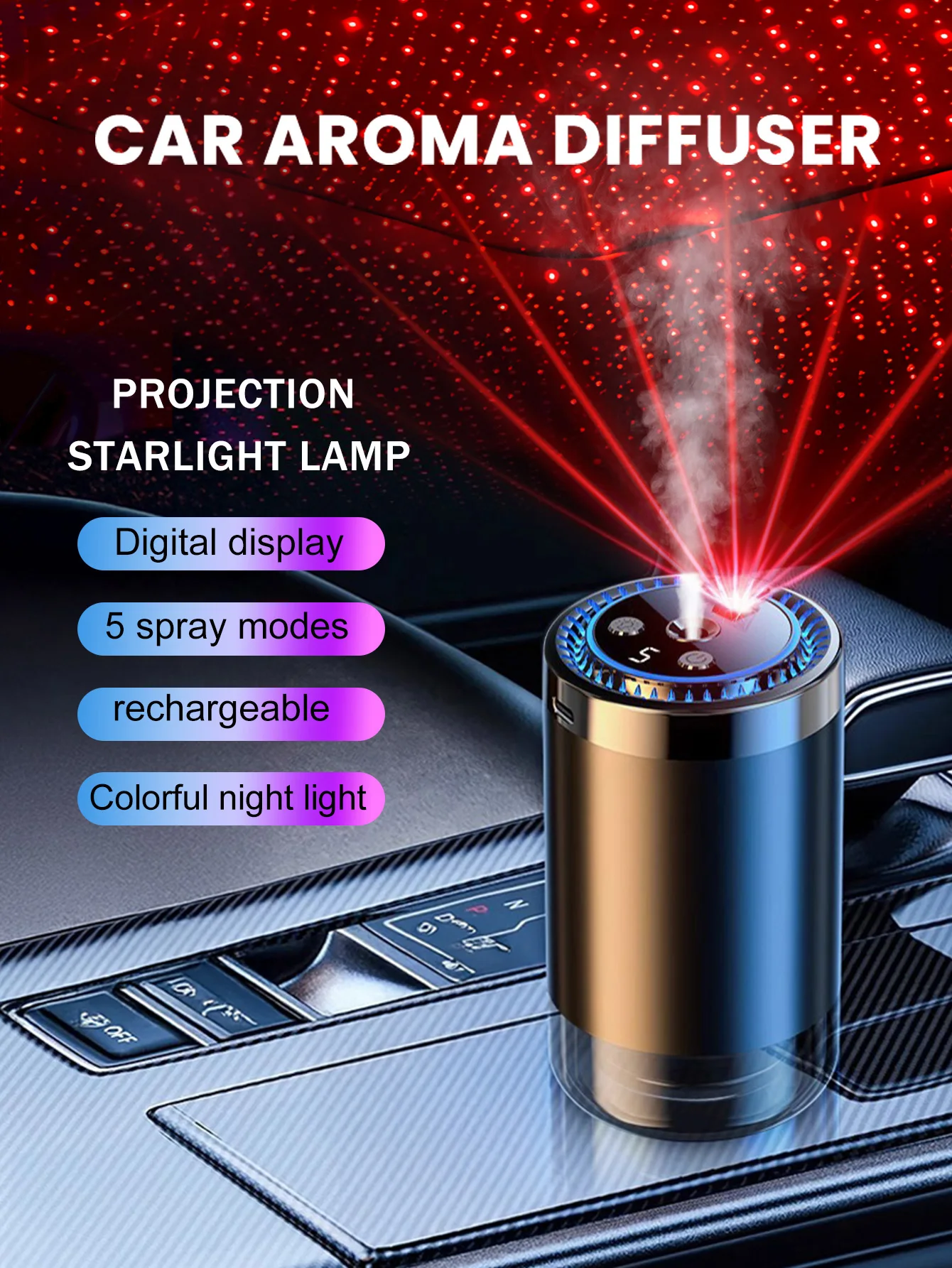 Rechargeable car aroma diffuser, aromatic essential oil, colorful lights, romantic starry sky lights, bedroom gift 4