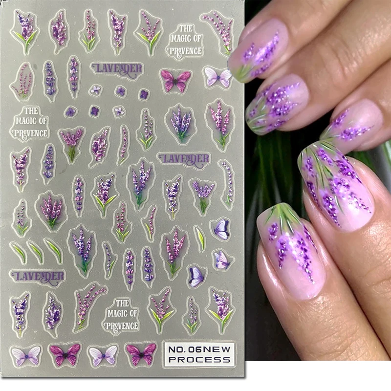 

Ультратонкие 3D-Наклейки для дизайна ногтей, фиолетовые Цветочные букеты, лаванды, цветы, клейкие наклейки, зеркальная красота