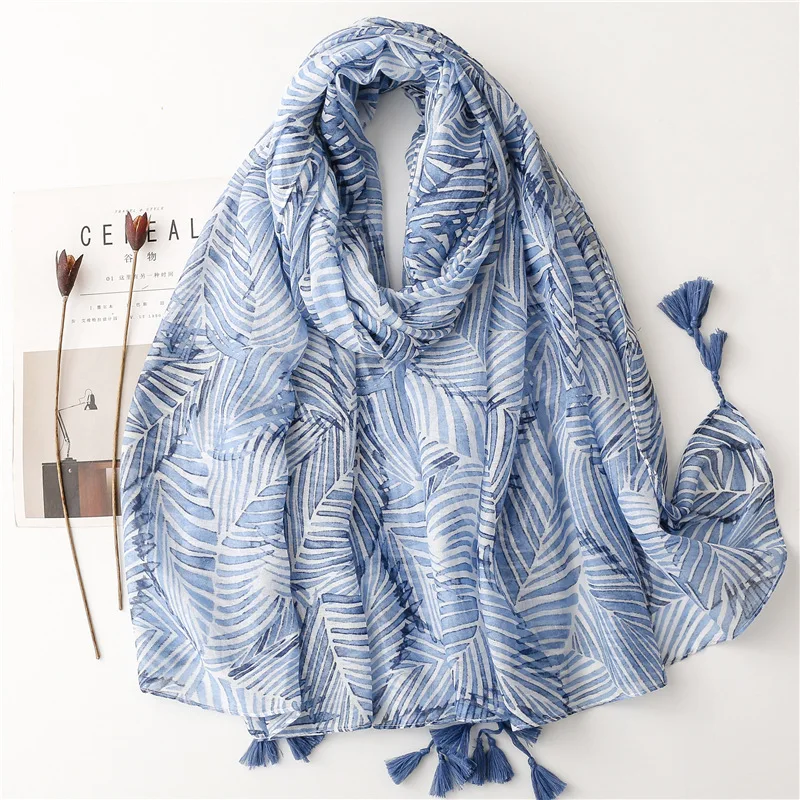 2023-new-spring-leaf-pattern-tassel-scarf-shawls-women-soft-foulard-beach-wrap-hijab-scarves-free-shipping