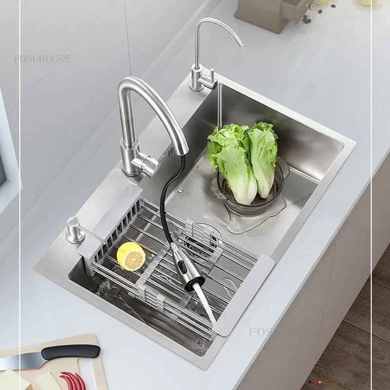 Kitchen Sink Single-slot 304 Stainless Steel Thickened Handmade Wash Basin Household Dishwashing Sink Large Under-counter Basin
