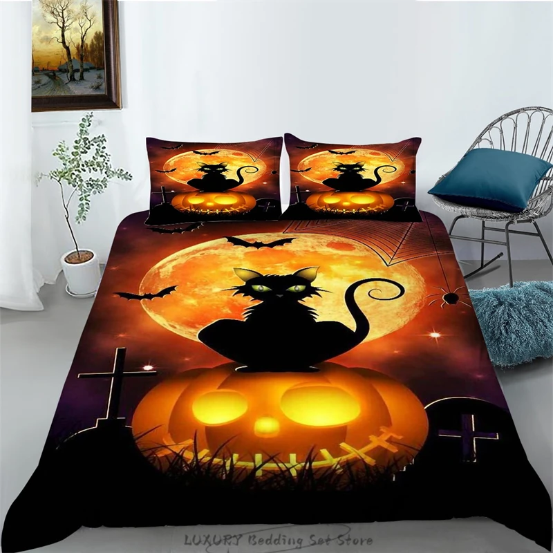 

3pc Duvet Cover Halloween Theme Black Cat Bat Pattern Kids and Adults Bedding Set Single Double Queen Bedroom Decor Microfiber
