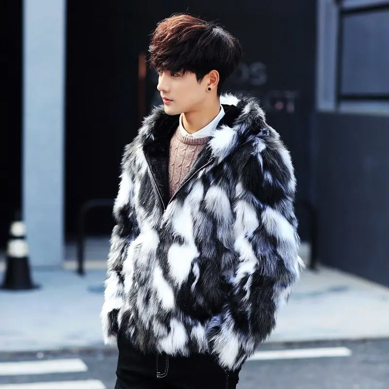 2024 Winter Warm Plus Fleece Faux Fur Fox Fur Casual Mens Hooded Jacket Thick Boutique Fashionable Male Slim Coats Size 5XL New