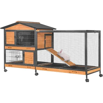 Rabbit Hutch with Chew-Resistant Metal Frame Indoor Bunny Cage Outdoor Rabbit Cage with Wheels and Leakproof Tray 1