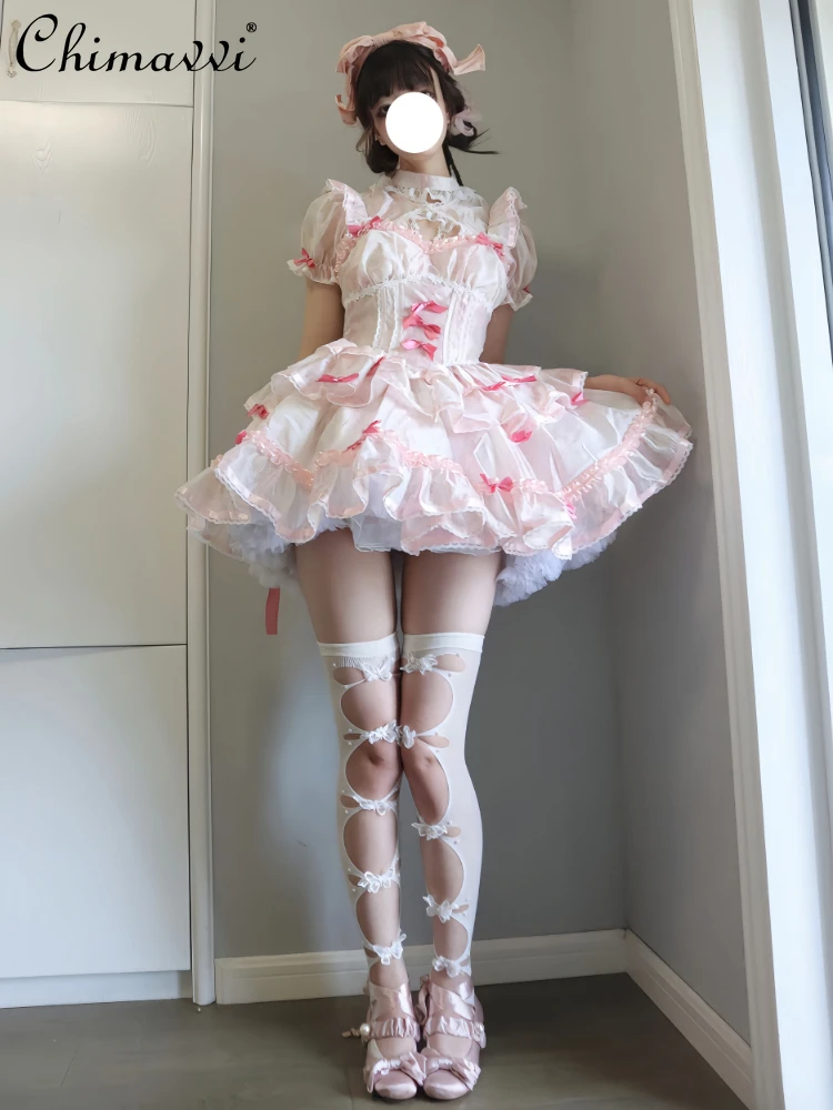 

Japanese Mine Style Lolita Dresses 2024 Spring Summer V-neck Sleeveless Backless Lace Bow Ruffled Sweet Mini Dress For Women