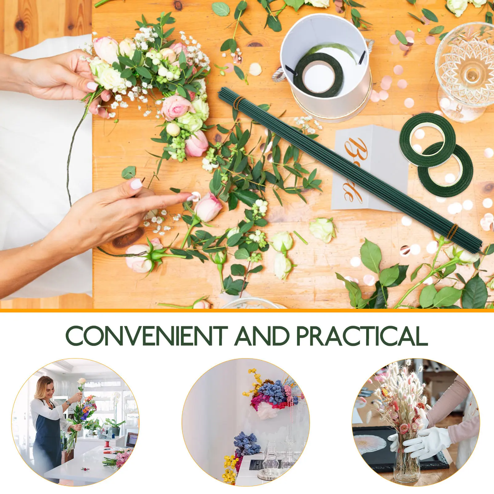 1세트 DIY 꽃줄기 와이어, 유연한 금속 와이어 꽃봉, 자연색 꽃 종이 테이프, 꽃다발 DIY 꽃 공예, 웨딩용