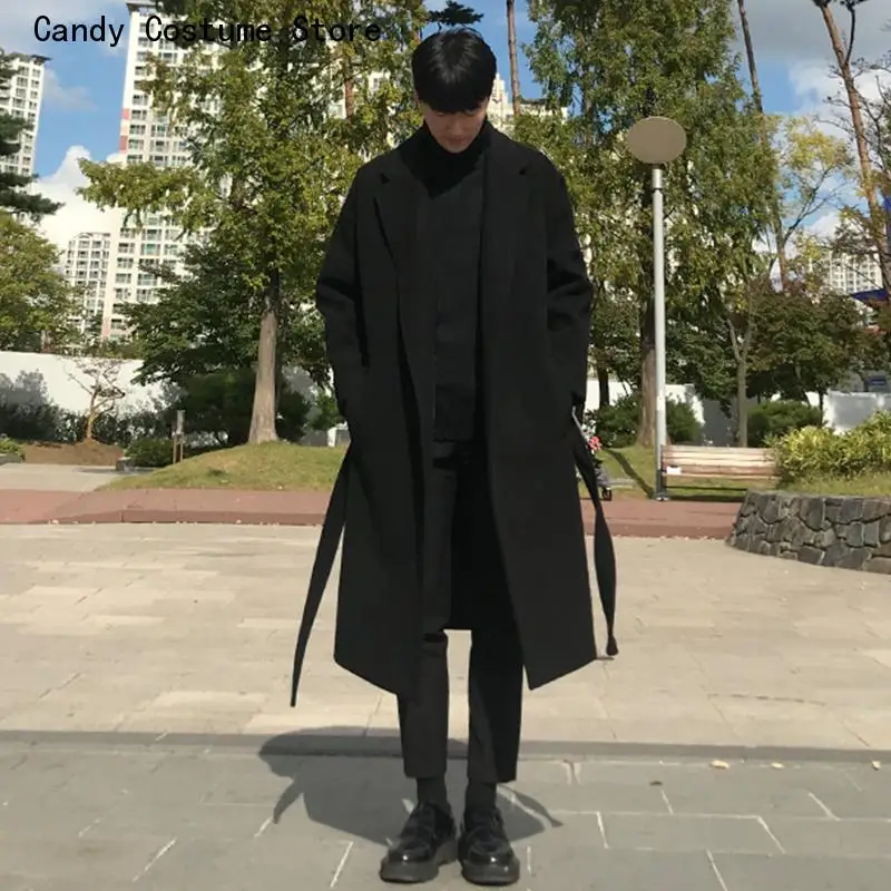 Thickening Coats Warm Korean Men Black Wool Blends Vintage Japan Style Loose Sashes Casual Harajuku Outwear Over Knees All-match