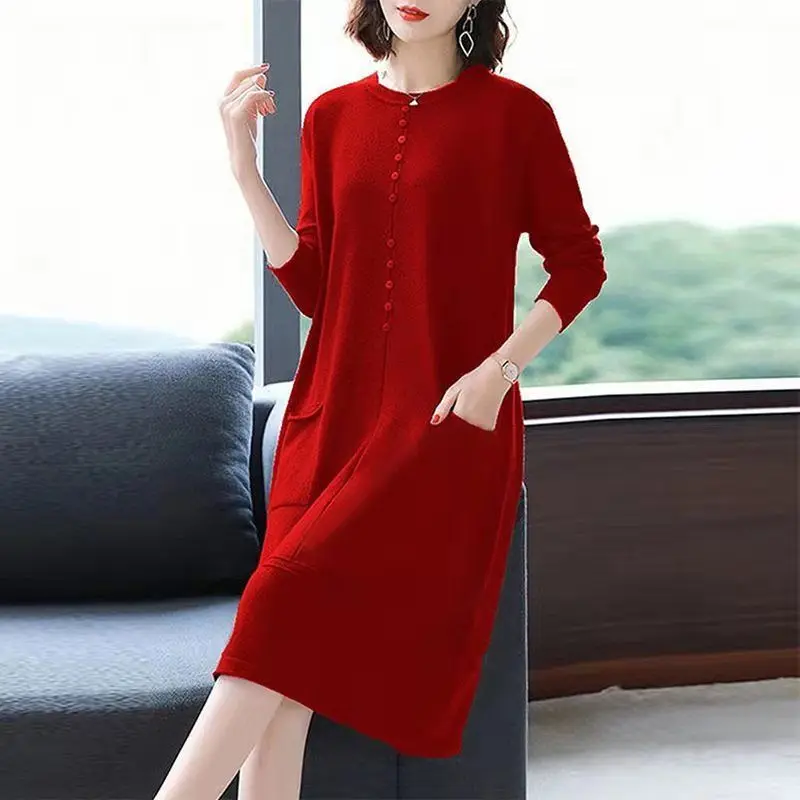 

2023 Women Knitting Sweater Dress O-Neck Pullover Pockets Buttons Solid Casual Oversize Vestidos Office Lady Bottom Clothes