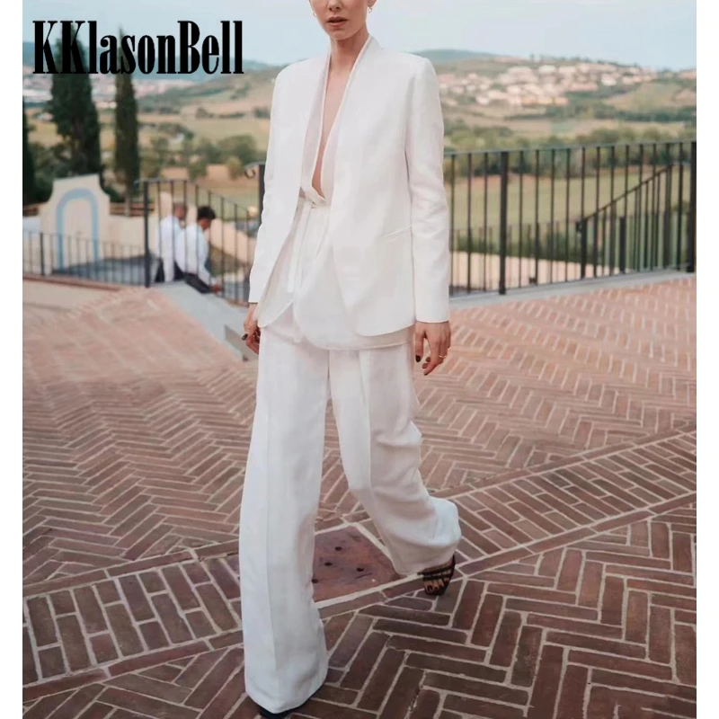 

1.18 KKlasonBell High Quality Linen 2 Piece Set V-Neck Mesh Lining White Blazer With Wide Leg Pants Women