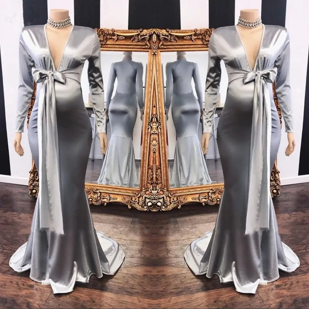 

Gorgeous Silver Satin Mermaid Evening Dresses Sexy Deep V Neck Full Sleeve Formal Party Prom Gown With Bow Sashes Robe De Soiree