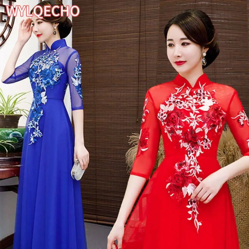 

2024 women improved qipao dress elegant lace flower embroidery cheongsam vintage banquet qipao oriental evening dress vestido