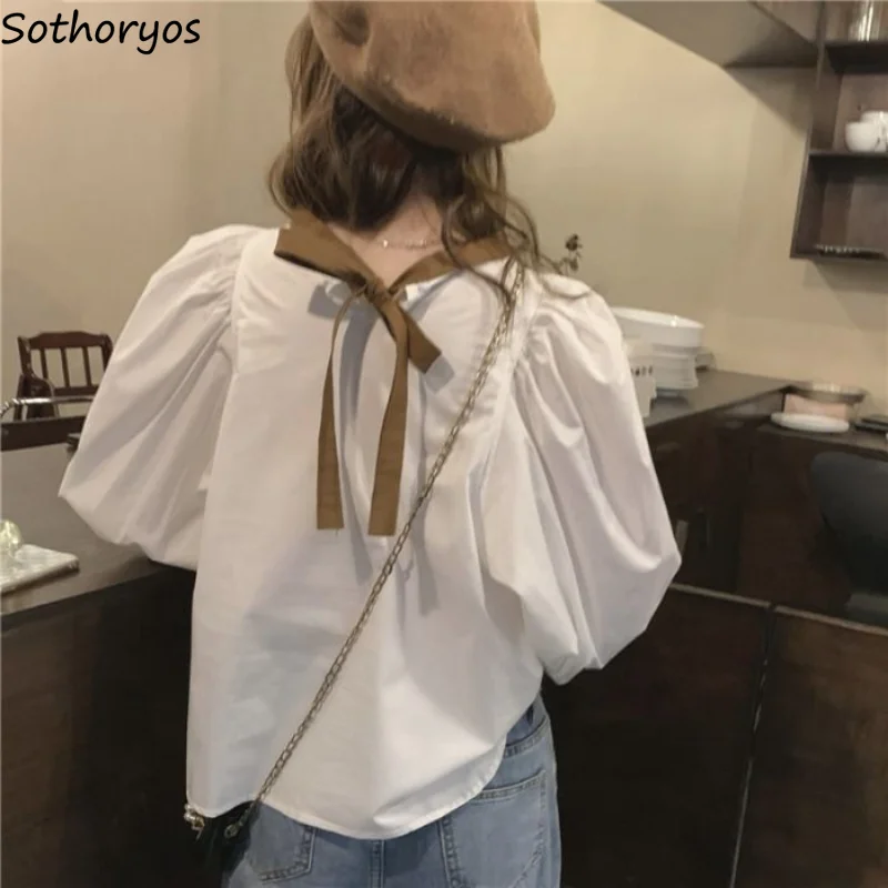 

Blouses Women Bandage Students Simple Vintage Daily Designer Elegant Korean Style Puff Sleeve Loose Summer All-match Soft Chic
