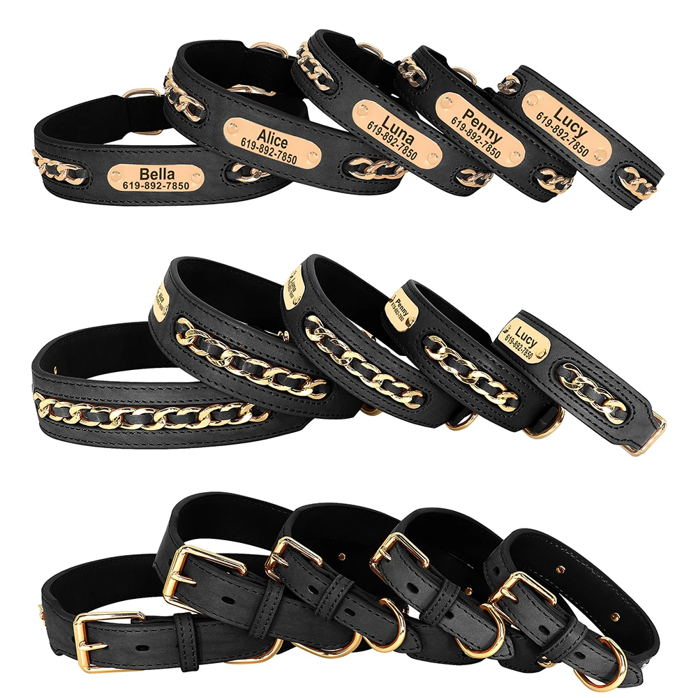 Personalized Dog Collar Durable Leather Dogs ID Collars With Anti-lost Name Tag Chain Accessories for Small Medium Large Dogs