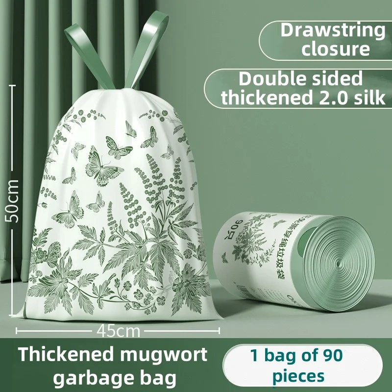 1 Bag of 90 pcs Household Disposable Tear Free Drawstring Garbage Bag Kitchen Storage Garbage Cleaning Bag Mugwort Bag