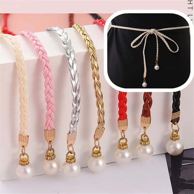 Women Braided Belt Knotted Waist Chain Pearl Thin Waist Chain Leather Belt  for Dresses Pants - AliExpress