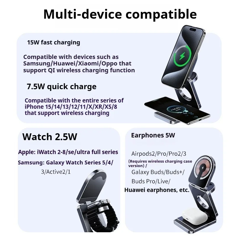 Eary 3-in-1 15w Foldable Wireless Charging Station for Magsafe Magnetic Charger Stand for iPhone 16 Samsung Apple iWatch AirPods