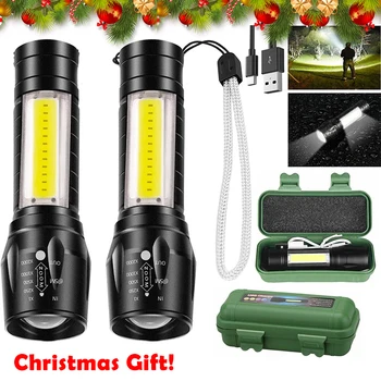 Portable COB+LED Camping Light Flashlight USB Rechargeable Zoom Tactical Torch Lamp Waterproof Emergency Torch Christmas Gift