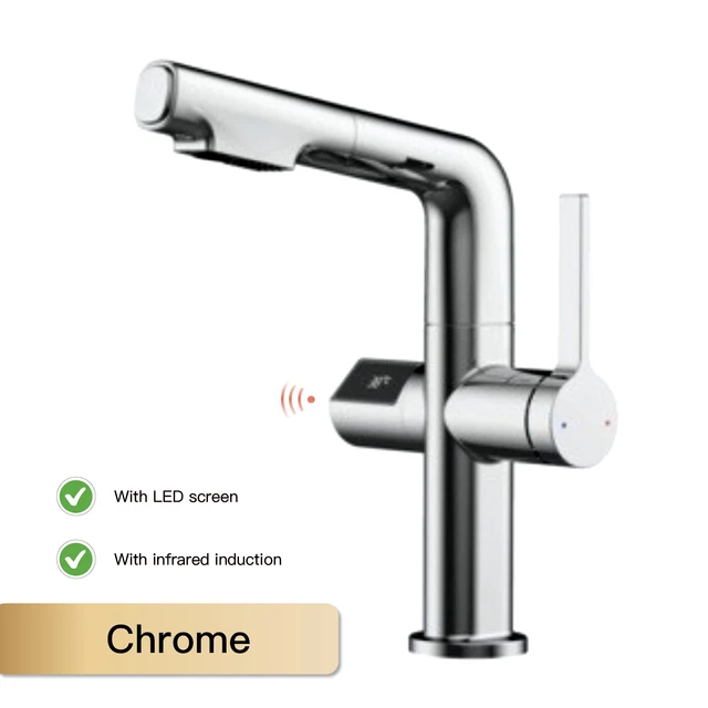 Light luxury gun gray brass kitchen faucet digital display induction design single handle cold & hot dual l 2 function sink Tap 7