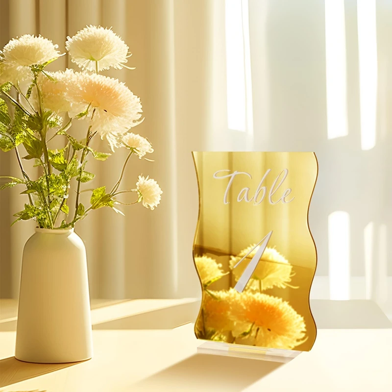 A33R-10PCS Gold Table Numbers With Stands Holders Wave Elegant Wedding Acrylic Table Numbers Large Modern Number Signs