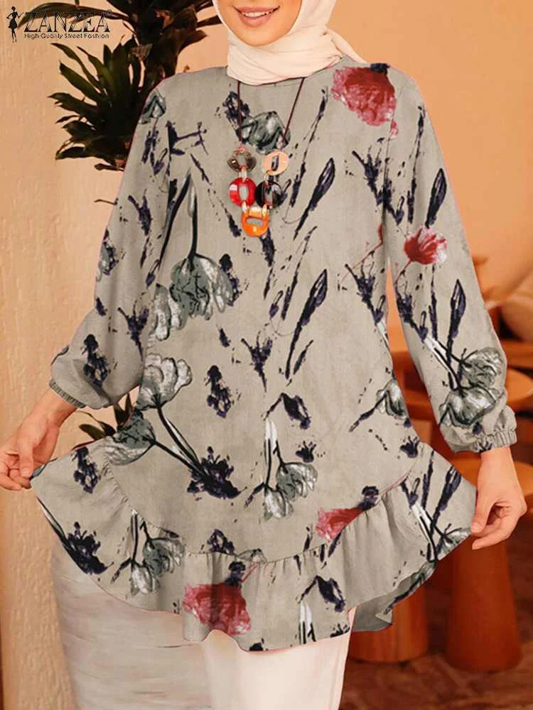 

ZANZEA Bohemian Long Sleeve Turkey Blouse Women Vintage Printed Shirt Ruffles Hem Shirts Muslim Abaya Tops Femme Work Blusas