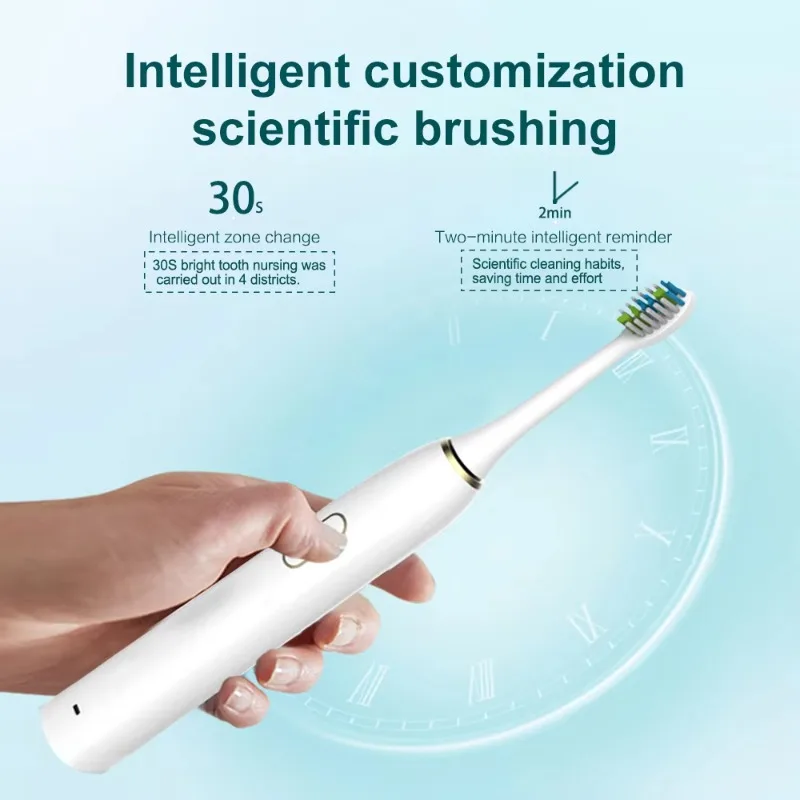 소닉 전동 칫솔 2개 헤드 5가지 모드 부드러운 칫솔모 치아 미백 타입-C 충전 IPX7 방수 여행용 가정용