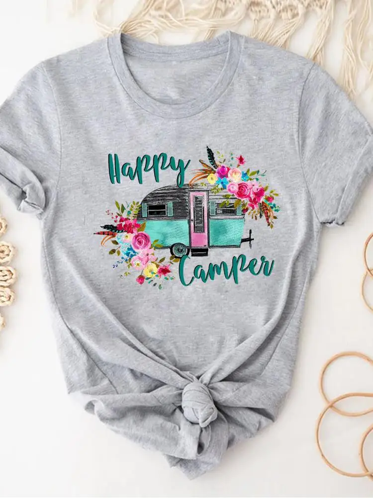 Women Clothing Print Gray T Shirt Short Sleeve Summer Top Plant Flower Trend Fashion Clothes Basic Tee Graphic T-shirt