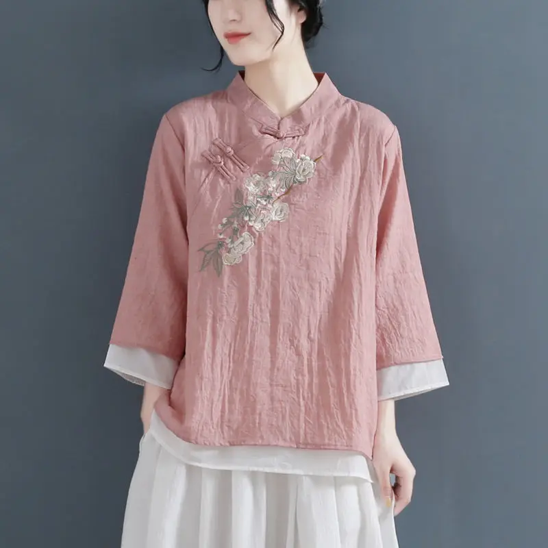 2024 Spring Summer New Chinese Style Cotton Hemp Round Neck Three Quarter Shirt Women Vintage Elegant Embroidered Pullovers