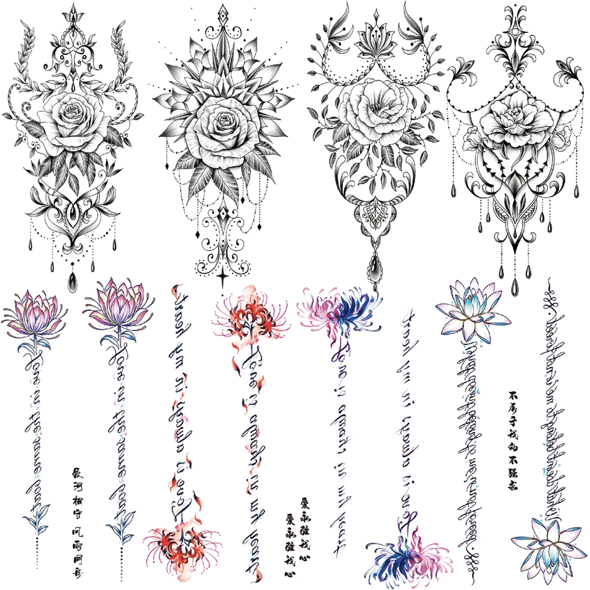 Realistic Rose Flower Pendant Temporary Tattoos For Women Adult Lotus Letters String Fake Tattoo Waterproof Body Art Tatoo Decal
