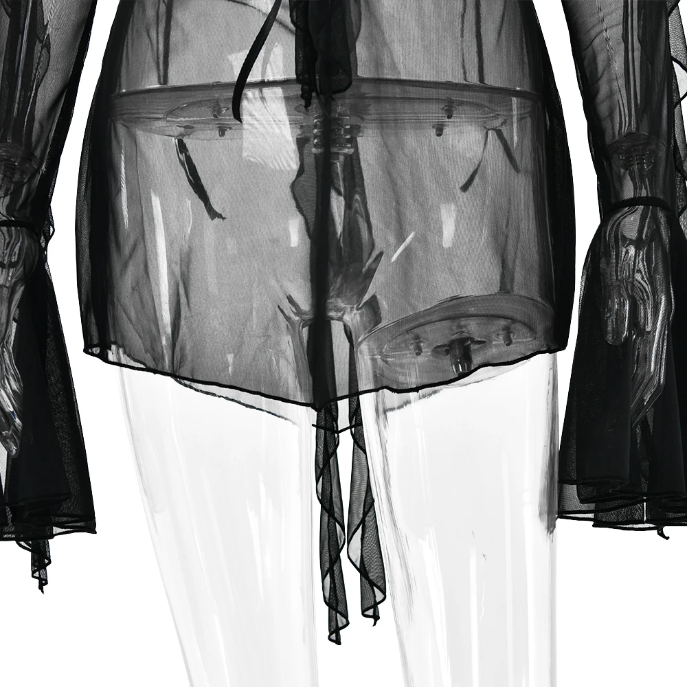 JULISSA MO Sexy See Through Mesh Women Dress Black Long Sleeve Spaghetti Strap Dress Female Summer Skinny Elegant Beachwear 2025