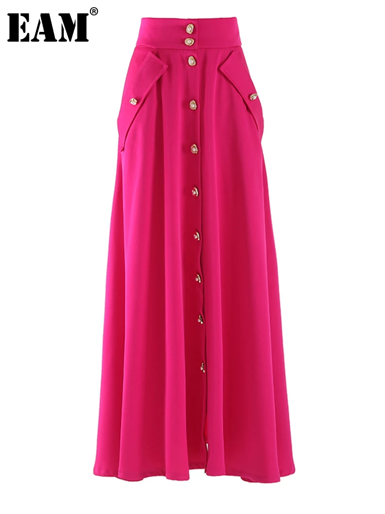 

[EAM] High Waist Rose Red Single Breasted Long Vintage Elegant Half-body Skirt Women Fashion Tide New Spring Autumn 2024 1DF7609