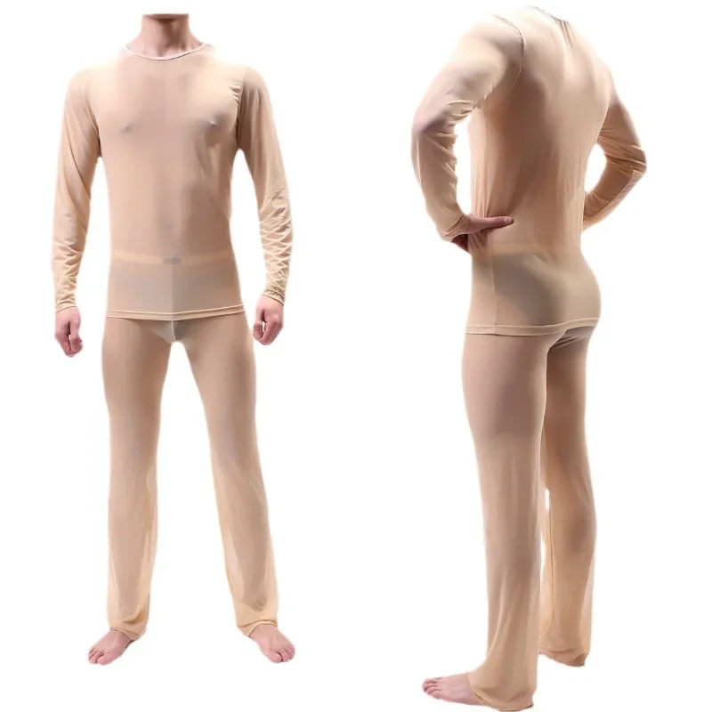 Men Sexy Pajamas Suit Ice Silk Ultra-Thin Perspective Undershirt Pants Home Clothes Suit Gauze High Elastic Night Club Wear pajamas set,silk pajamas,man pajamas set