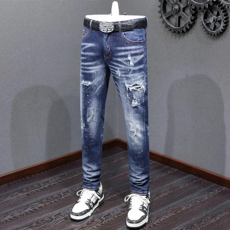 Street Fashion Men Jeans High Quality Retro Blue Stretch Slim Fit Ripped Jeans Men Painted Designer Hip Hop Brand Pants Hombre