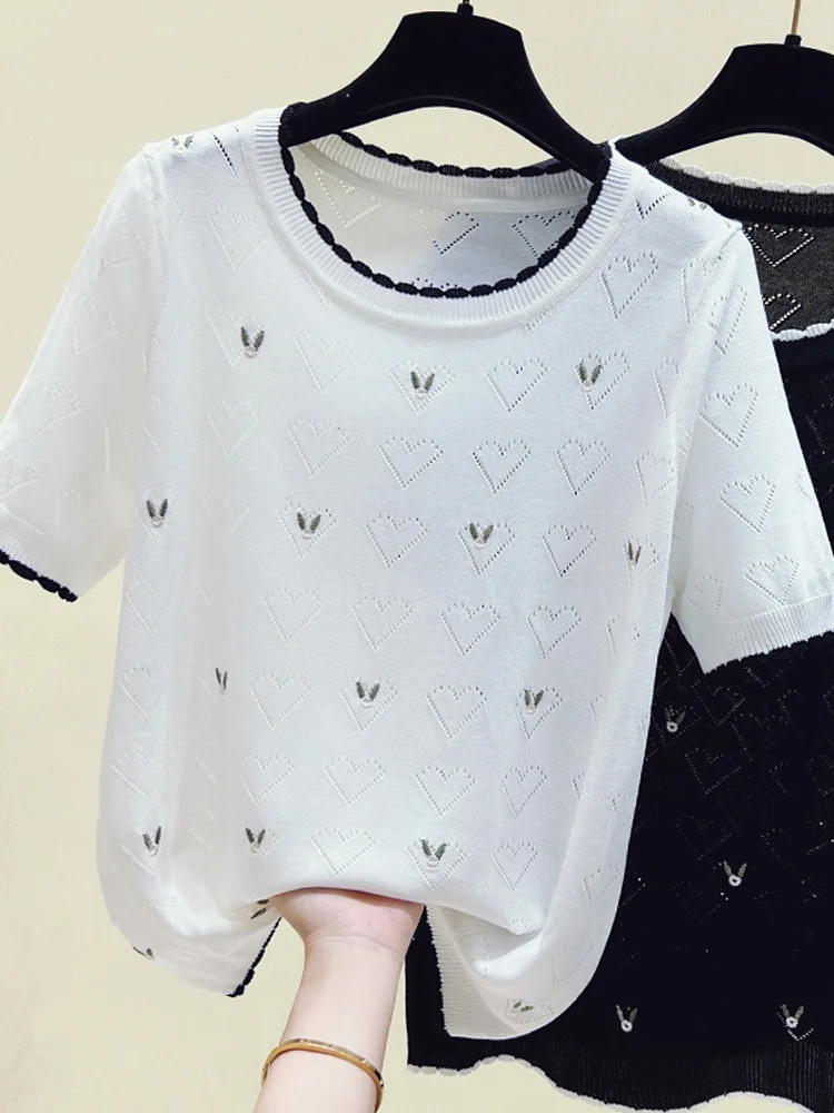 

Женский тонкий вязаный пуловер с бриллиантами, свободная футболка с коротким рукавом и круглым вырезом, Повседневная модная трикотажная одежда из вискозы, лето 2024